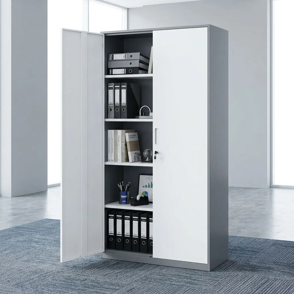 2 Door Office Cabinet-Metallic with full-height double doors, multiple internal shelves and lockable storage for files and office supplies.