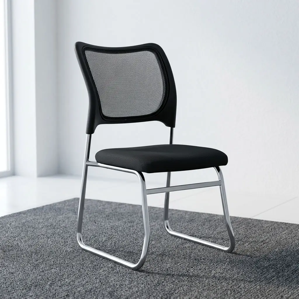Mesh Office Visitor's Chair with black breathable mesh backrest, padded seat, armless design and sleek metallic frame for office guest seating.