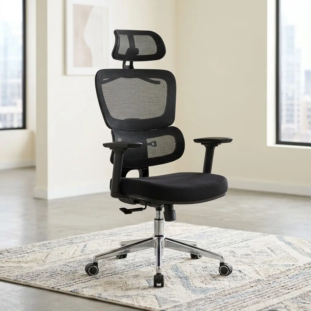 High Back Executive Office Chair with adjustable mesh headrest, 3D adjustable armrests, recline function, padded seat and five-star castor base.