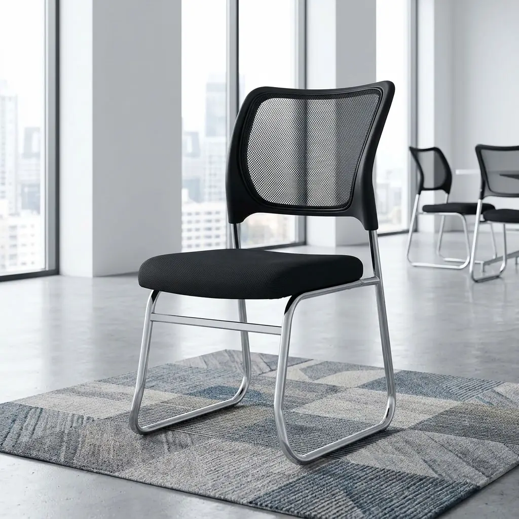 Mesh Office Visitor's Chair with black breathable mesh backrest, padded seat, armless design and sleek metallic frame for office guest seating.