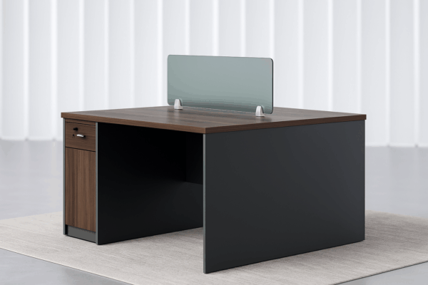 1.2m Dual Workstation Desk with Lockable Storage & Frosted Glass Divider – Walnut & Charcoal Finish