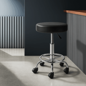 Adjustable Rolling Stool with Chrome Base – Black Faux Leather Seat
