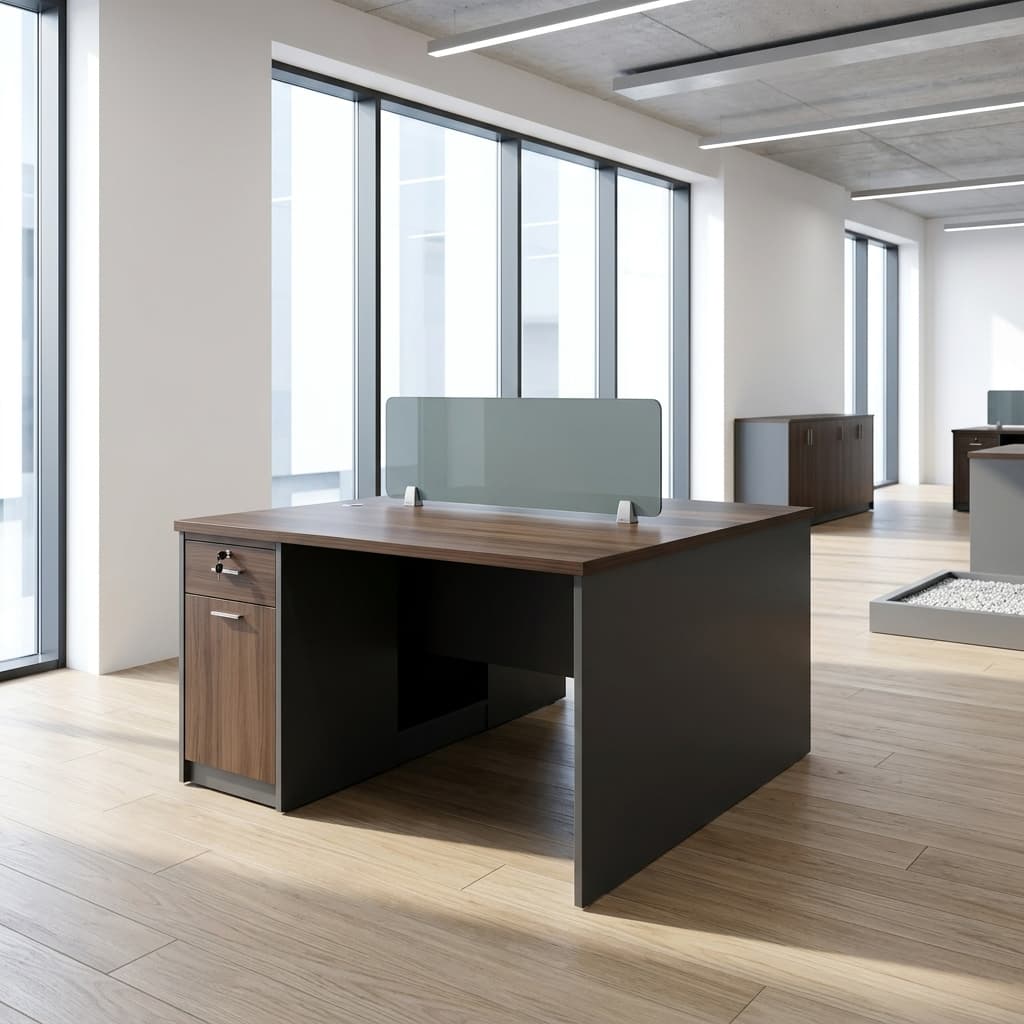 1.2M 2-Way Office Workstation with frosted glass divider and lockable storage