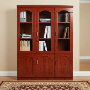 3-Door Executive Bookcase in rich wood finish with three glass-front sections, multiple shelves, lockable doors and enclosed lower storage.
