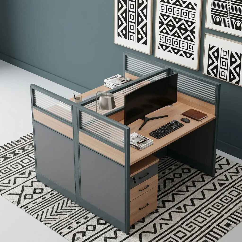 1.2m 2-Way Office Workstation with two staff work areas, framed privacy partitions, cable access and mobile three-drawer office storage.