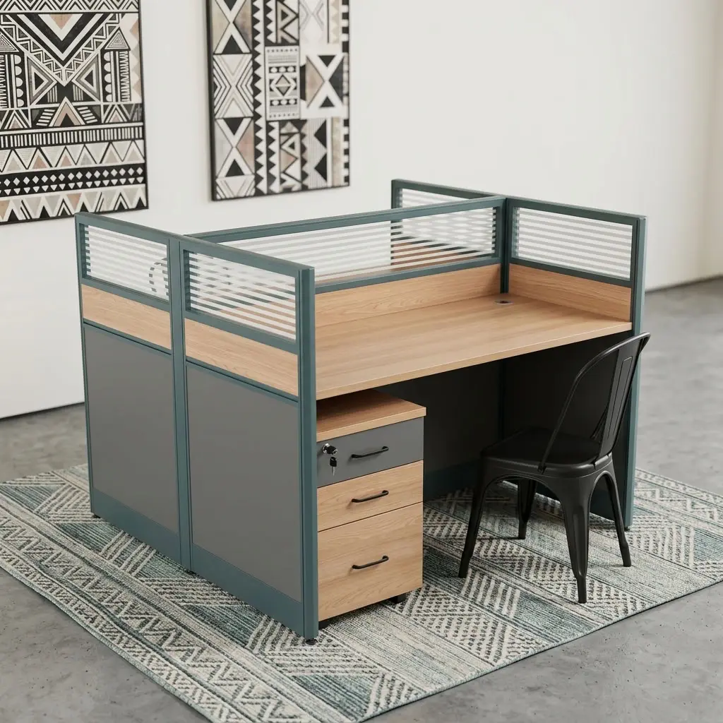 1.2m 2-Way Office Workstation with two staff work areas, framed privacy partitions, cable access and mobile three-drawer office storage.