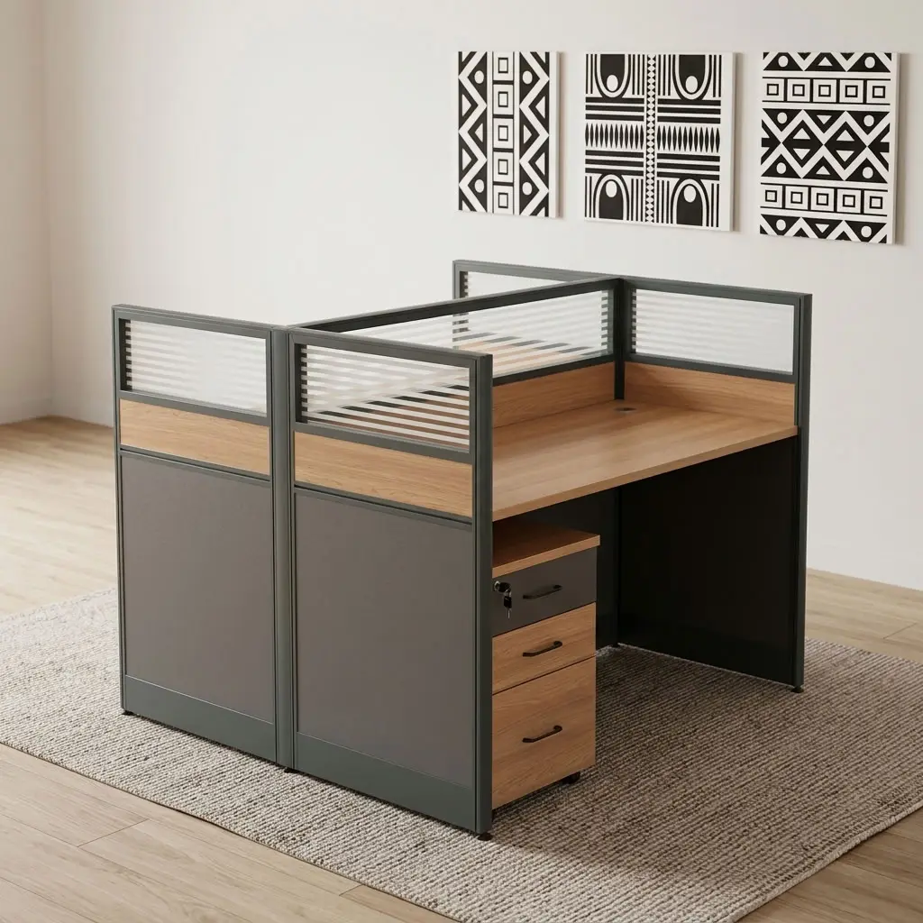 1.2m 2-Way Office Workstation with two staff work areas, framed privacy partitions, cable access and mobile three-drawer office storage.