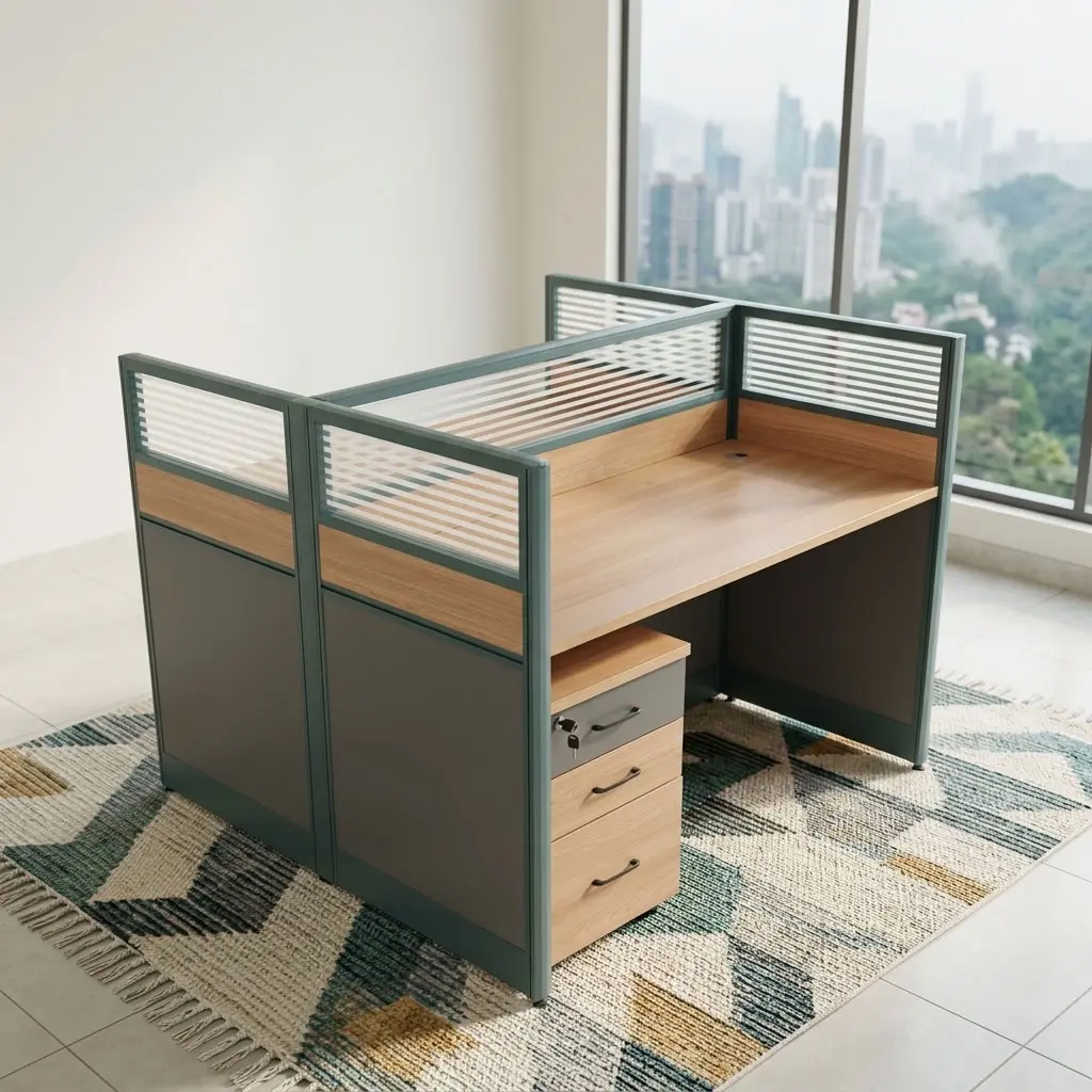 1.2m 2-Way Office Workstation with two staff work areas, framed privacy partitions, cable access and mobile three-drawer office storage.