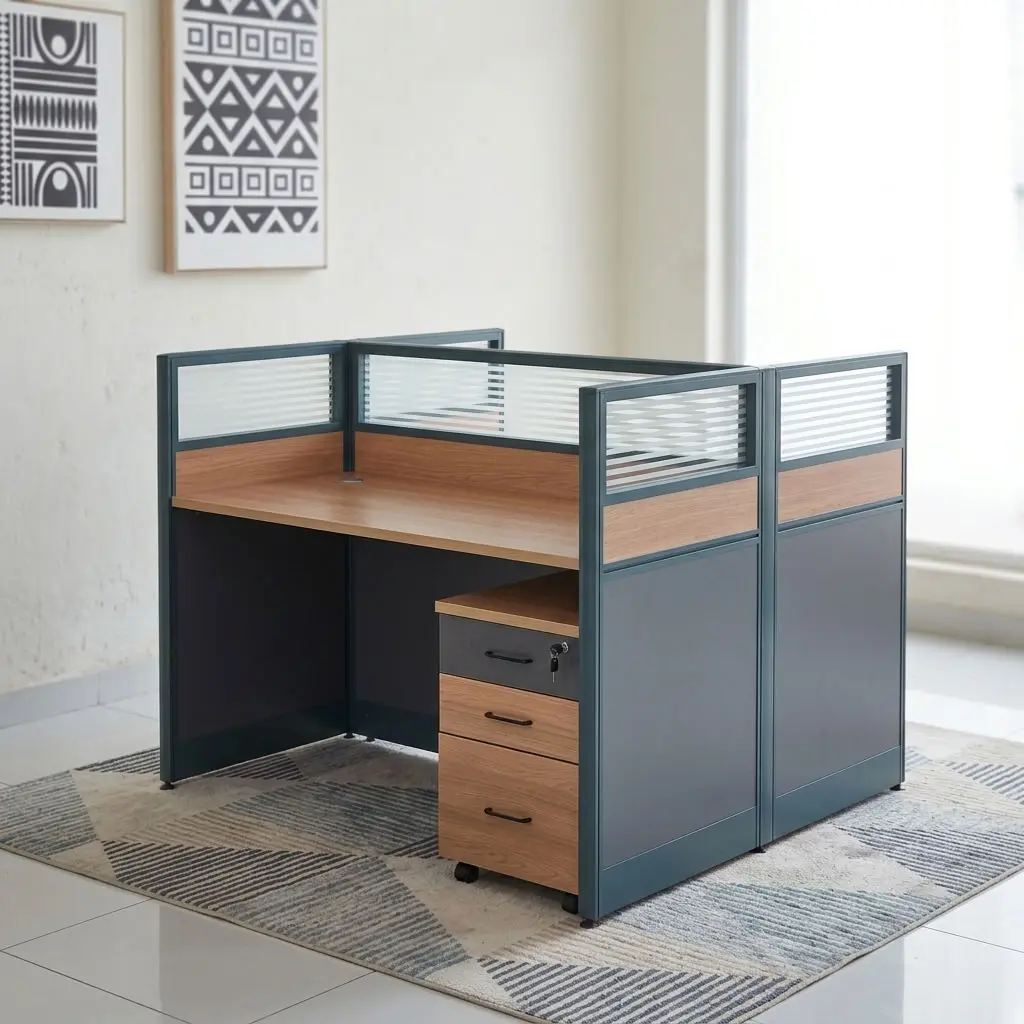 1.2m 2-Way Office Workstation with two staff work areas, framed privacy partitions, cable access and mobile three-drawer office storage.