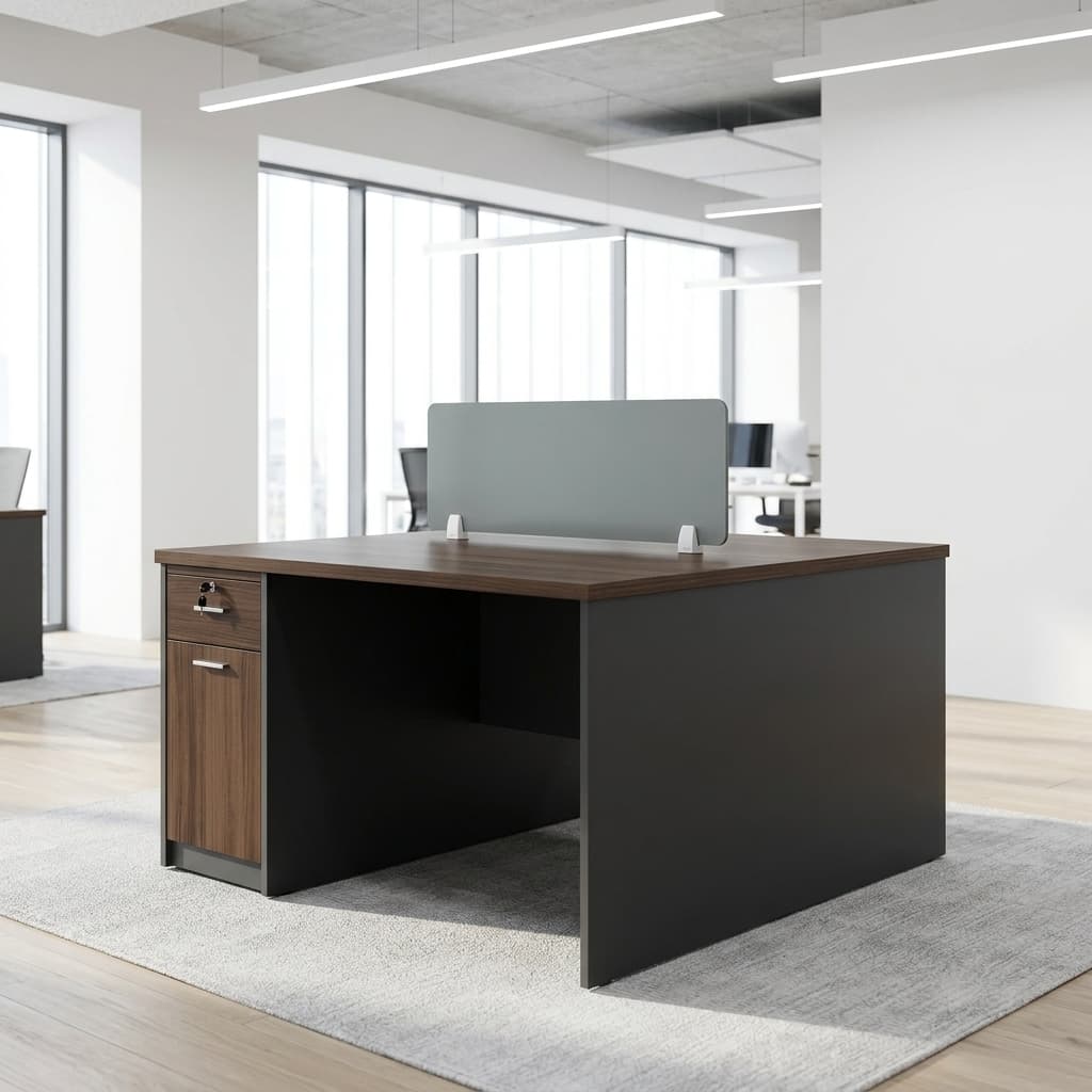 1.2M 2-Way Office Workstation with frosted glass divider and lockable storage