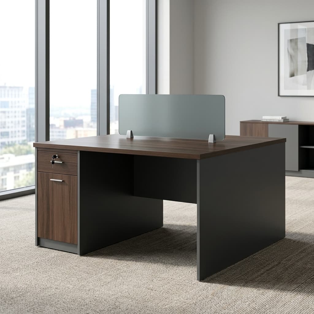 1.2M 2-Way Office Workstation with frosted glass divider and lockable storage