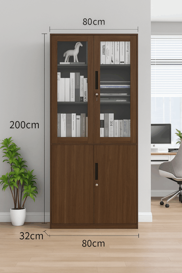 Tall Wooden Office Cabinet – 2 Glass Doors + 2 Wooden Doors (80x32x200cm)