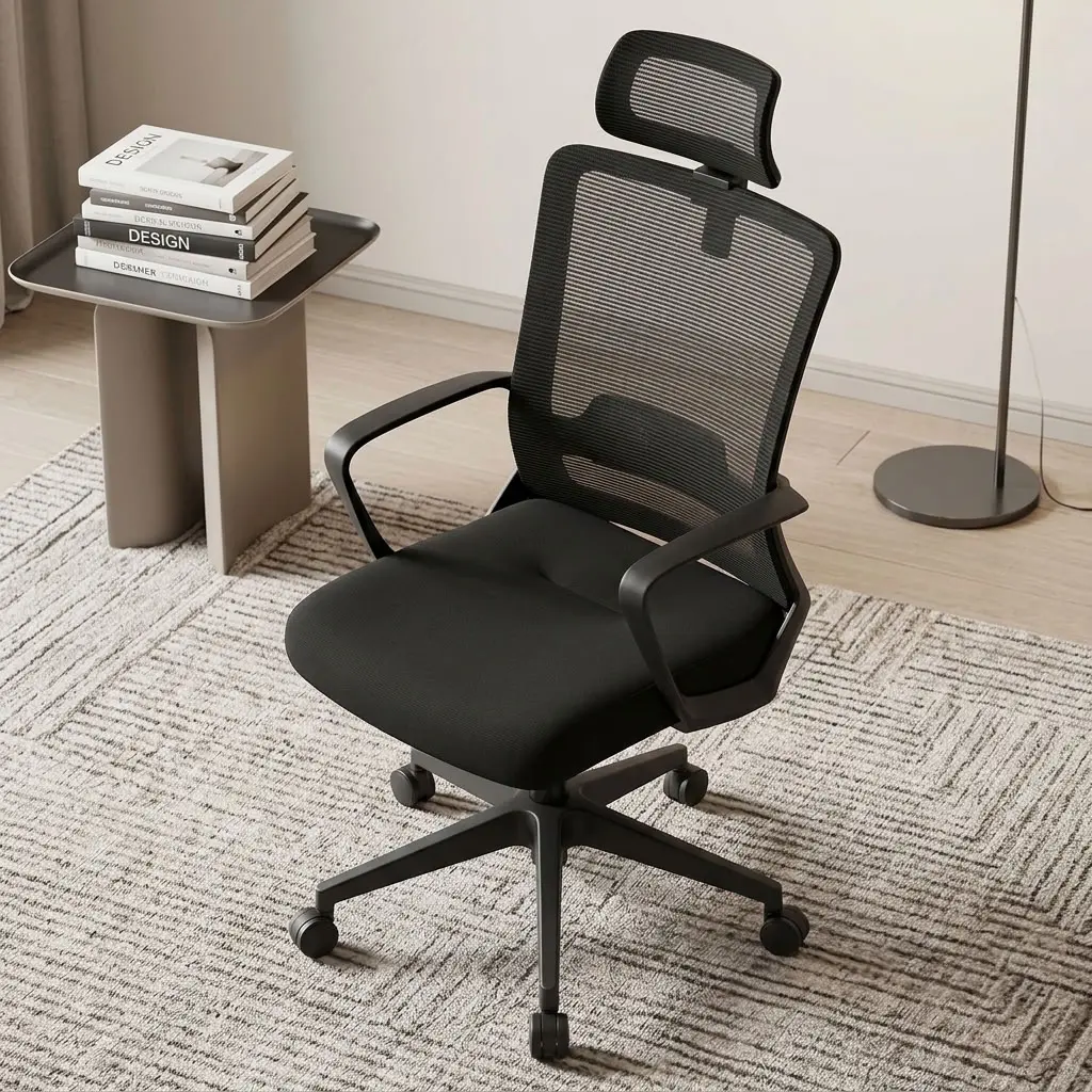 Black Ergonomic High Back Seat with breathable mesh backrest, mesh headrest, lumbar support, cushioned seat, armrests and five-star swivel base.
