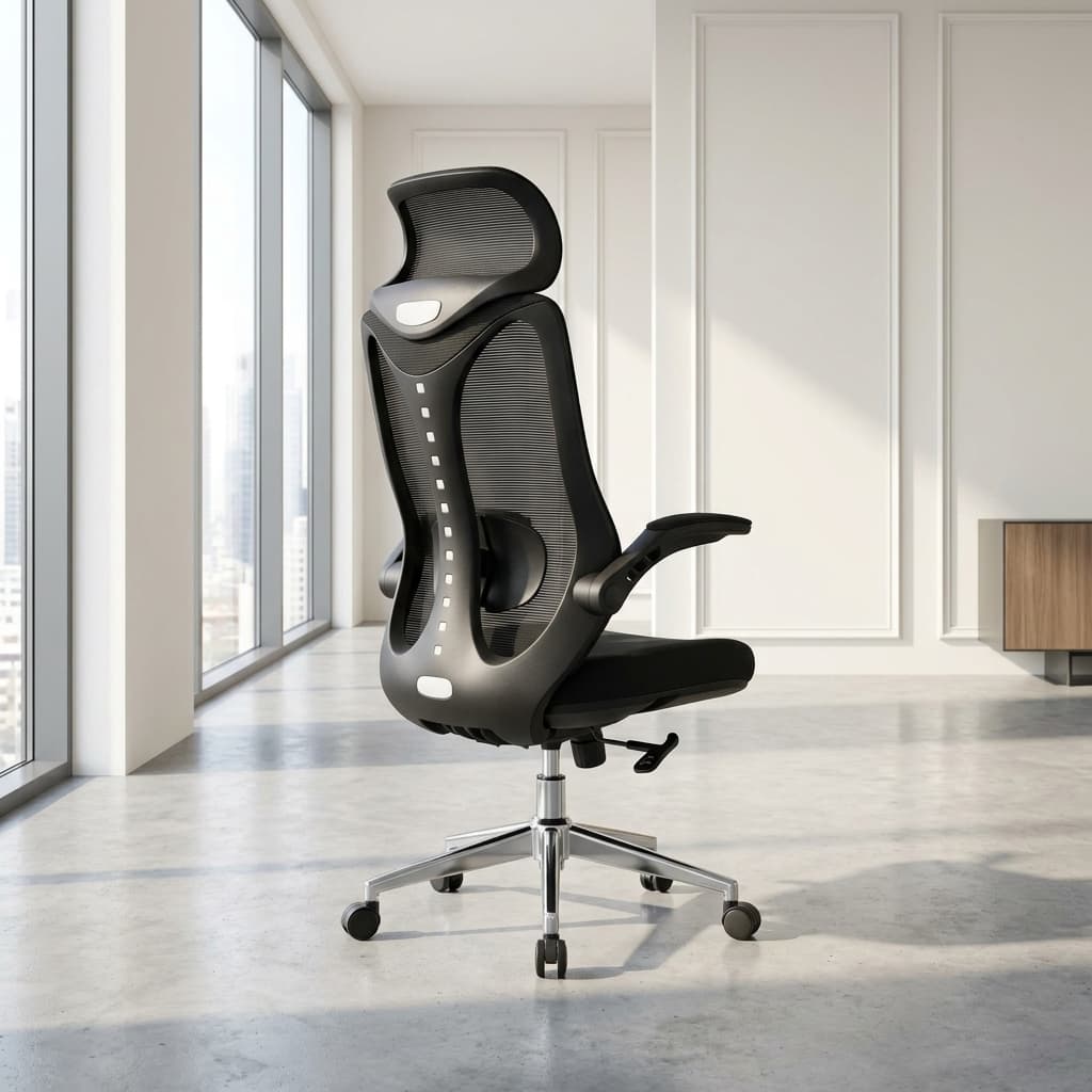 Foldable Arm Mesh Chair with adjustable headrest and breathable mesh back