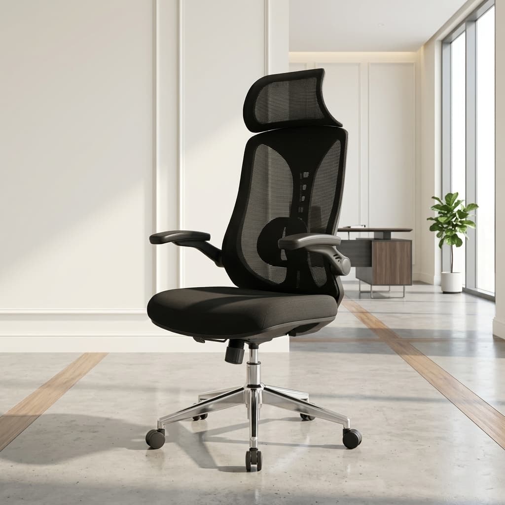 Foldable Arm Mesh Chair with adjustable headrest and breathable mesh back
