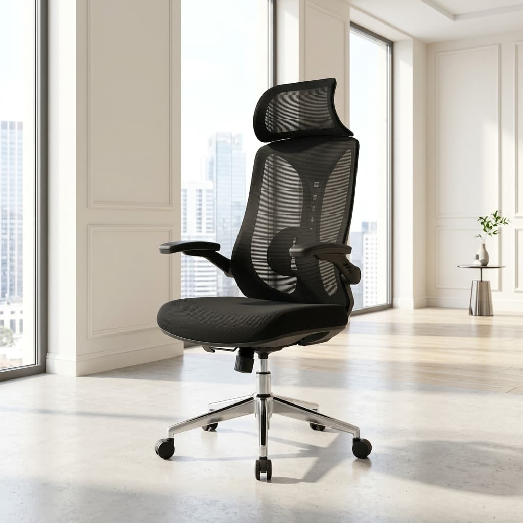 Foldable Arm Mesh Chair with adjustable headrest and breathable mesh back