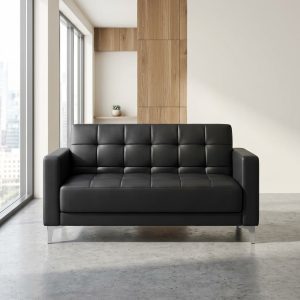 Executive 2-Seater Sofa with black faux leather upholstery and chrome legs