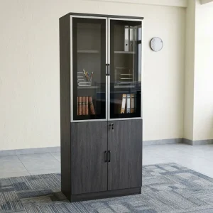 4-Door Wooden Filing Cupboard with two glass-front upper doors, two lower wooden doors, internal shelves and dark wood-grain finish.