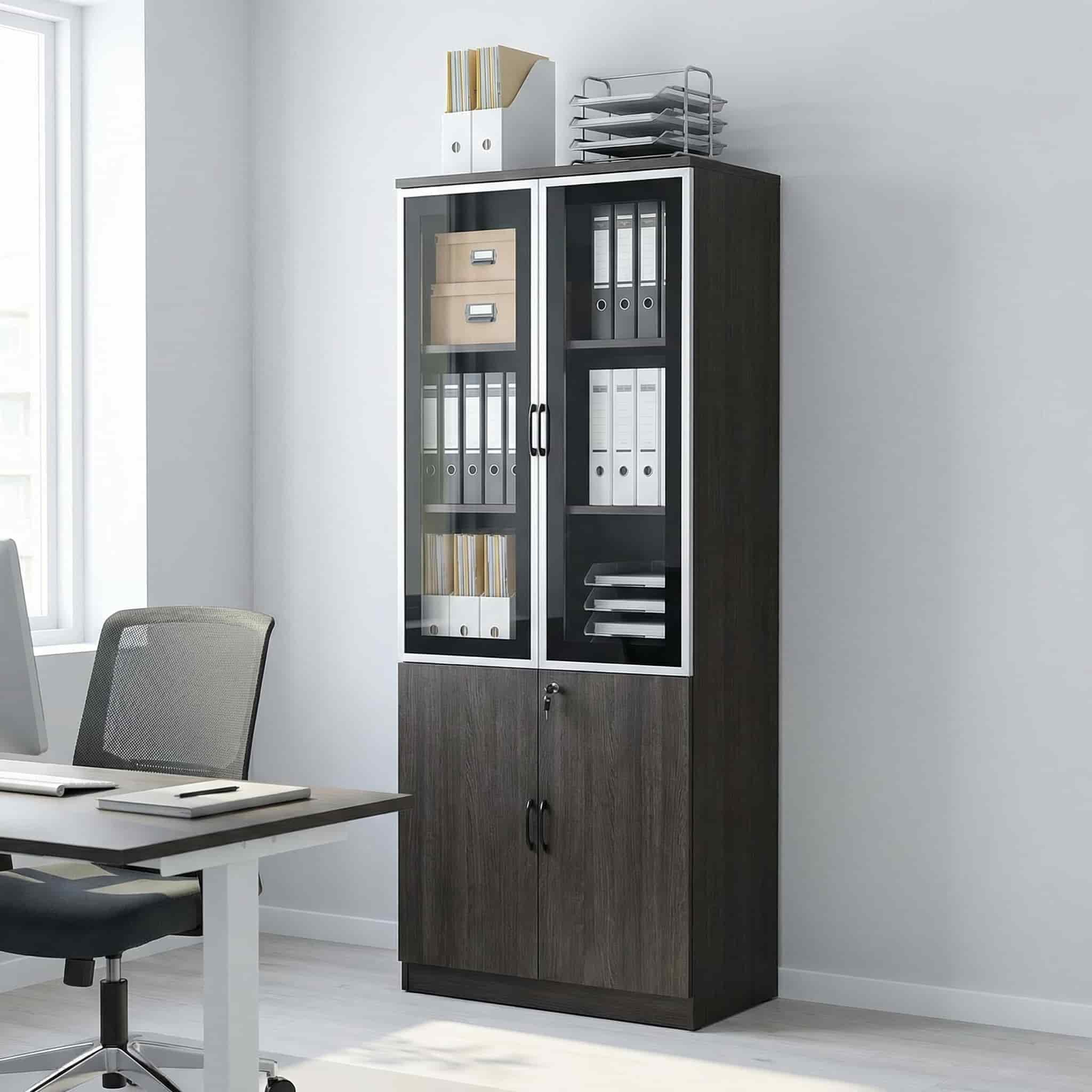 Tall wooden office cabinet with glass and wooden doors