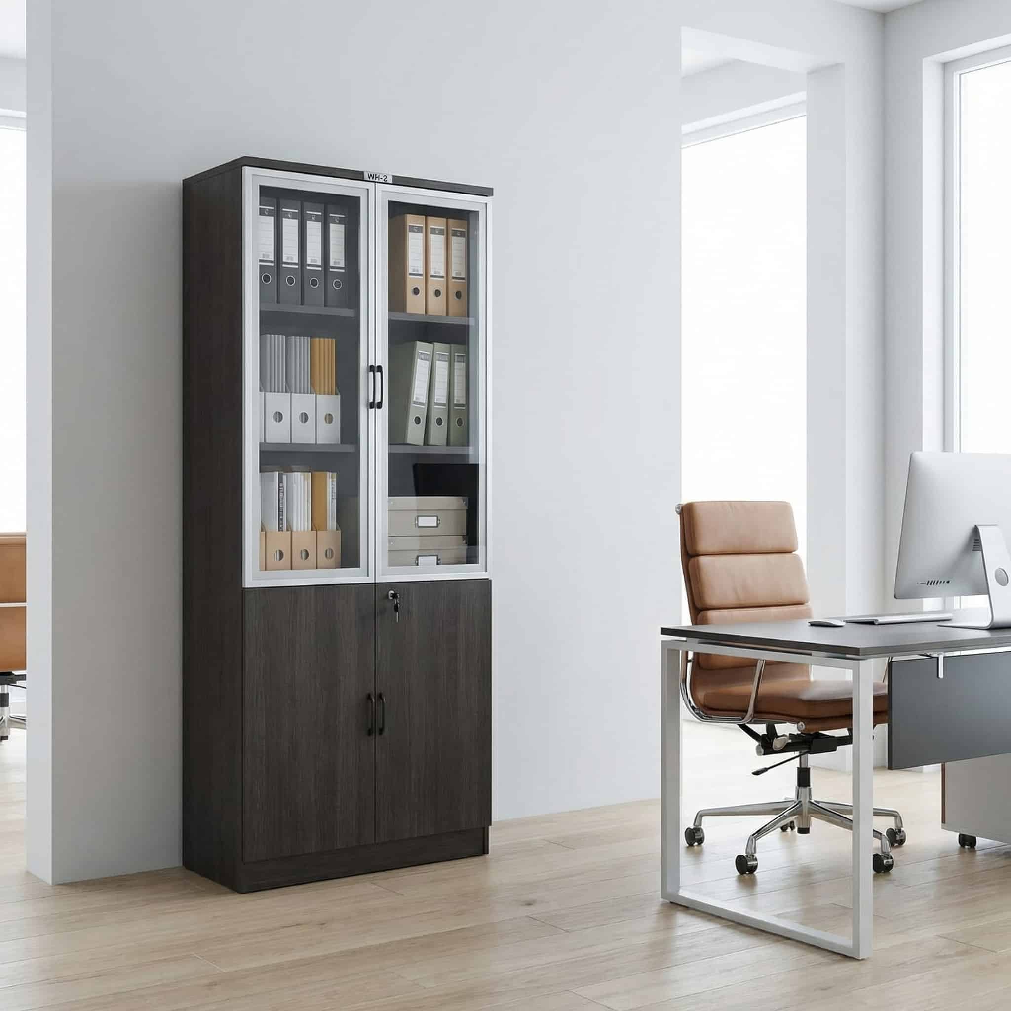 Tall wooden office cabinet with glass and wooden doors