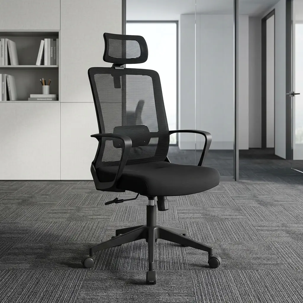 Black Ergonomic High Back Seat with breathable mesh backrest, mesh headrest, lumbar support, cushioned seat, armrests and five-star swivel base.
