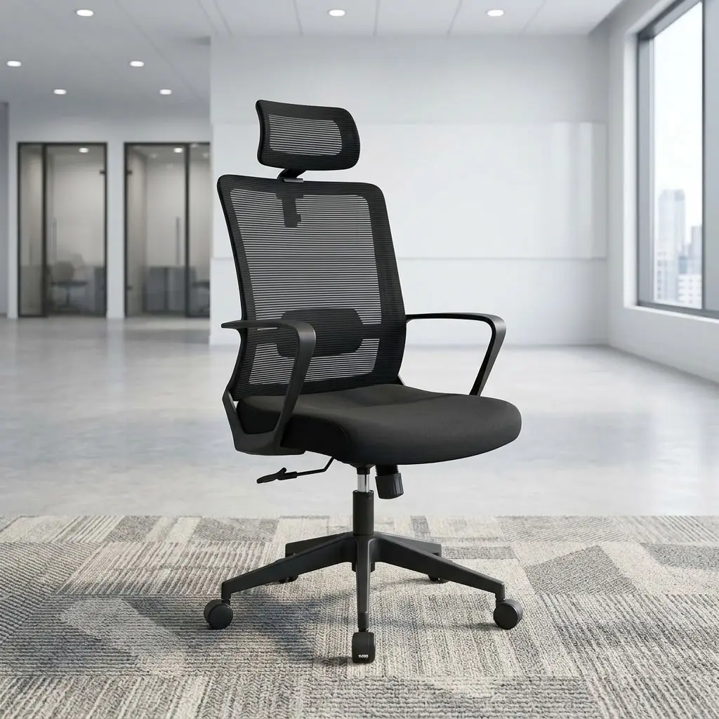 Black Ergonomic High Back Seat with breathable mesh backrest, mesh headrest, lumbar support, cushioned seat, armrests and five-star swivel base.
