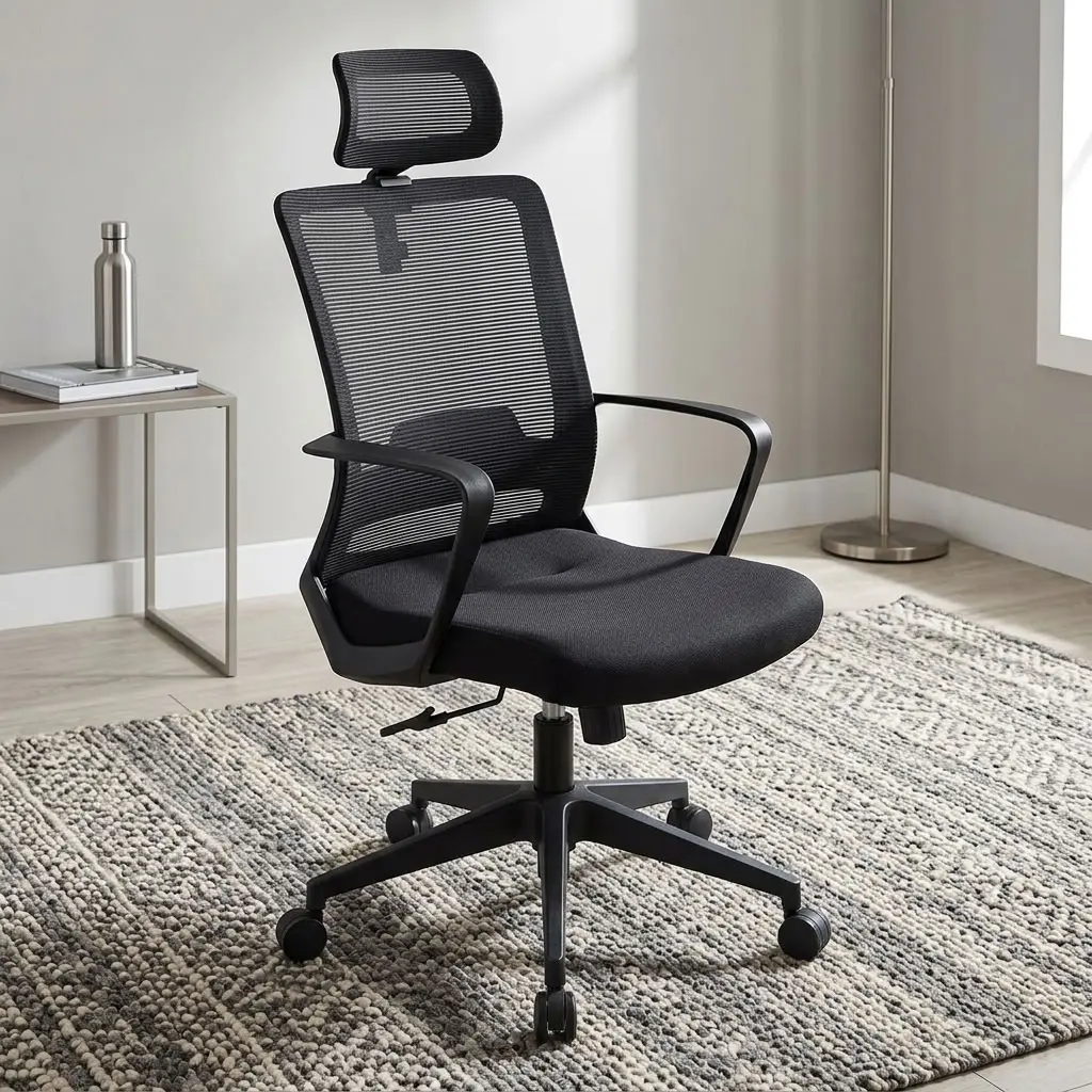 Black Ergonomic High Back Seat with breathable mesh backrest, mesh headrest, lumbar support, cushioned seat, armrests and five-star swivel base.