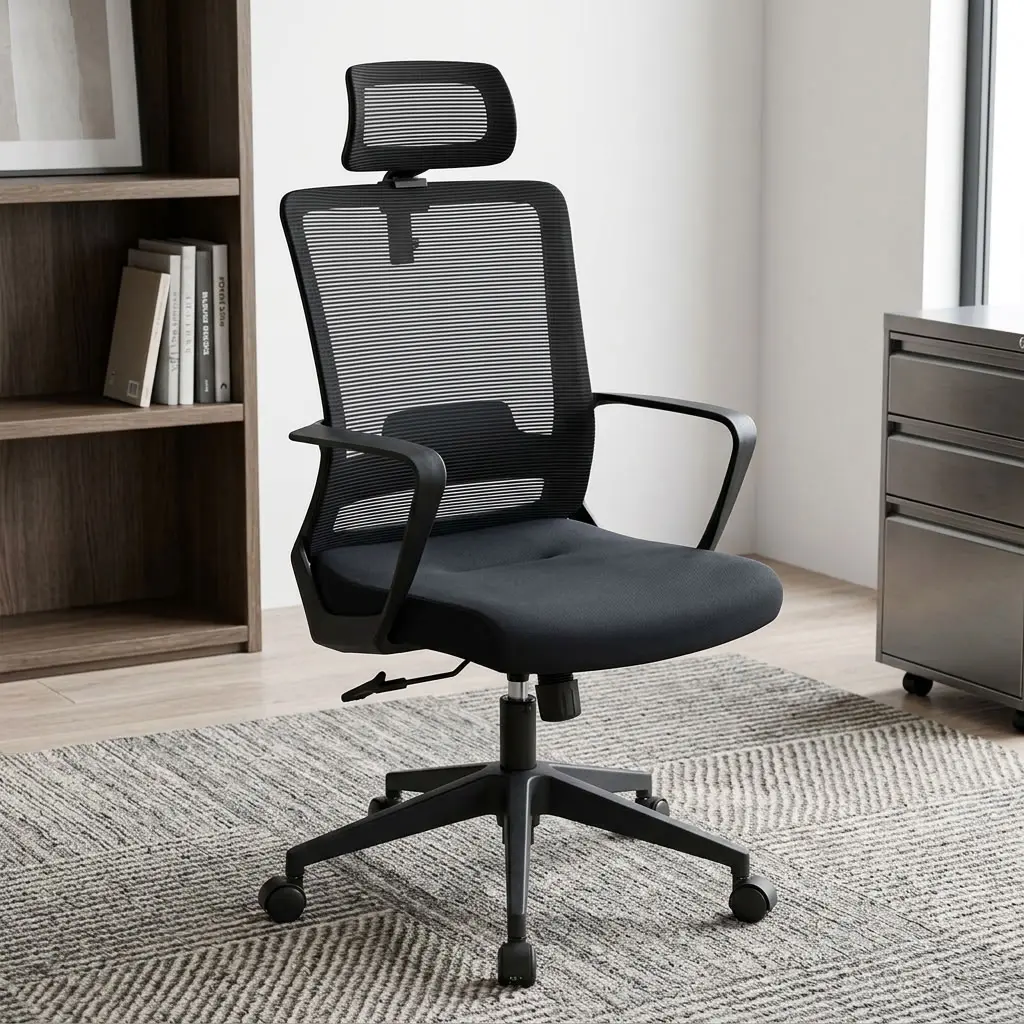 Black Ergonomic High Back Seat with breathable mesh backrest, mesh headrest, lumbar support, cushioned seat, armrests and five-star swivel base.