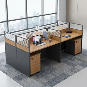 4-Way Modular Office Workstation with wood-finish desktops, partition panels and 3-drawer mobile pedestals.