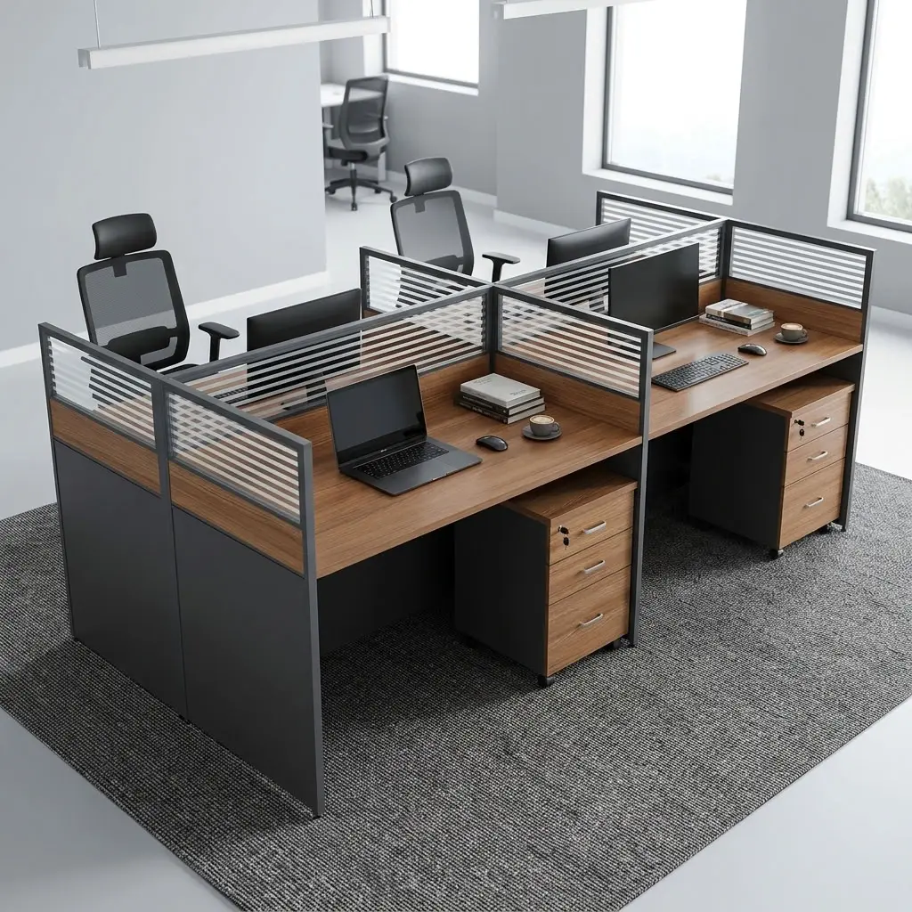 4-Way Modular Office Workstation with wood-finish desktops, partition panels and 3-drawer mobile pedestals.