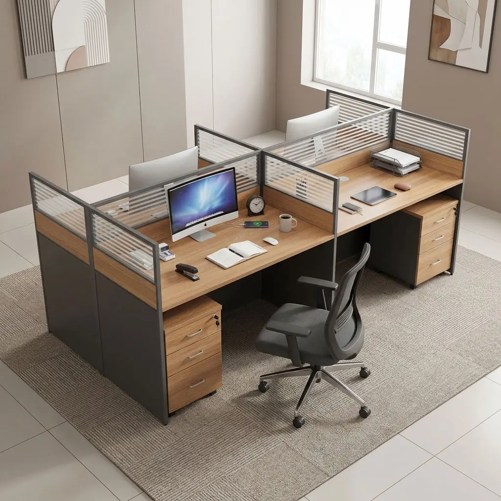 4-Way Modular Office Workstation with wood-finish desktops, partition panels and 3-drawer mobile pedestals.