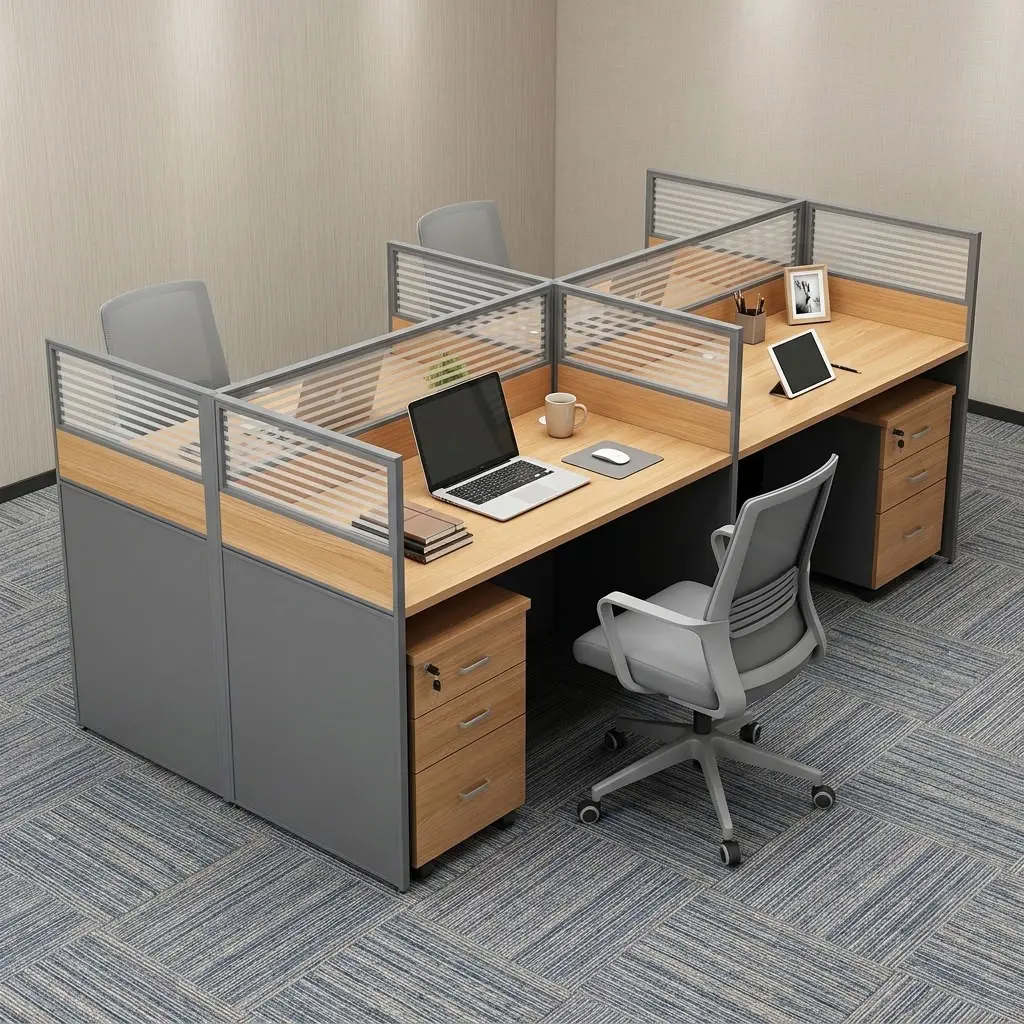 4-Way Modular Office Workstation with wood-finish desktops, partition panels and 3-drawer mobile pedestals.