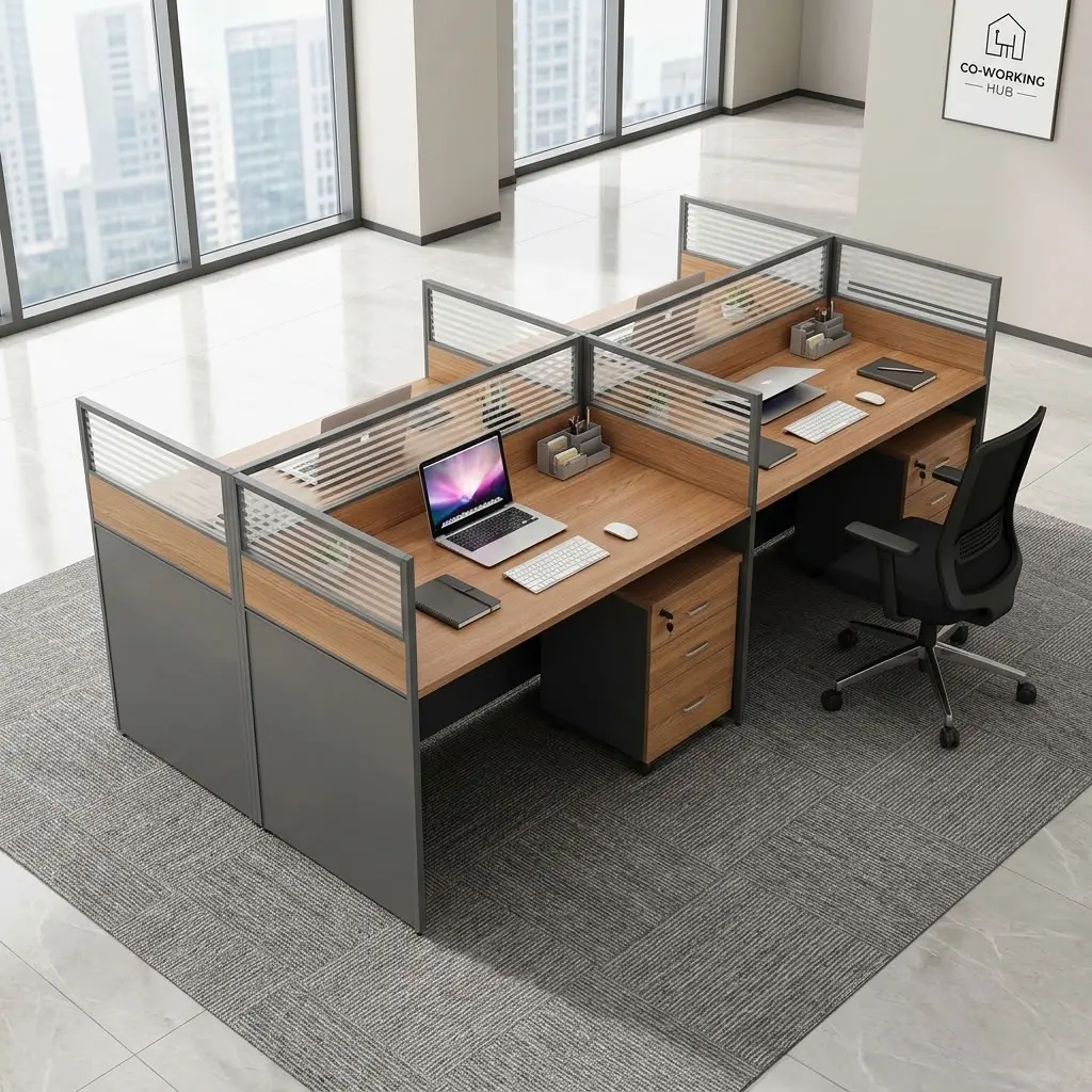 4-Way Modular Office Workstation with wood-finish desktops, partition panels and 3-drawer mobile pedestals.