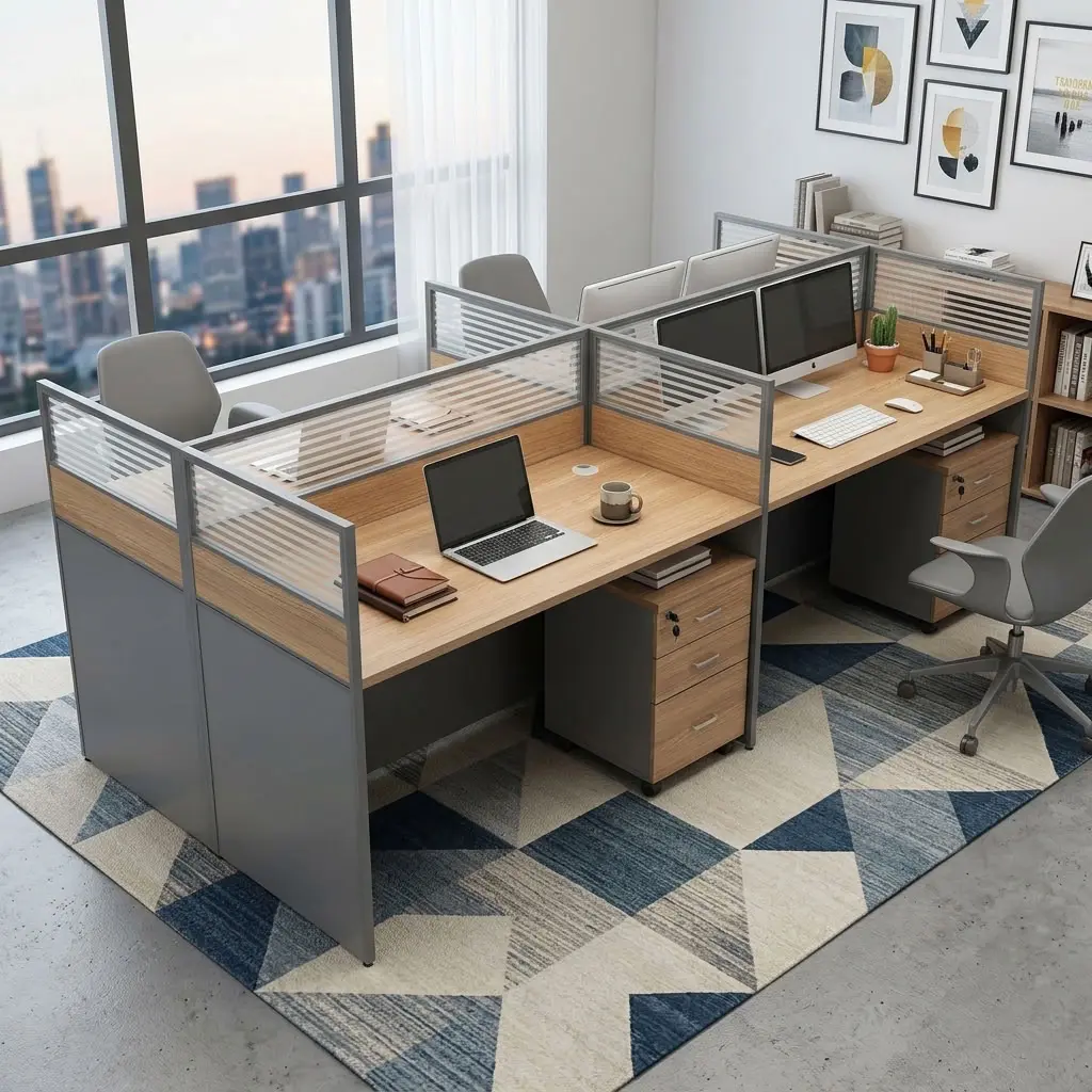 4-Way Modular Office Workstation with wood-finish desktops, partition panels and 3-drawer mobile pedestals.