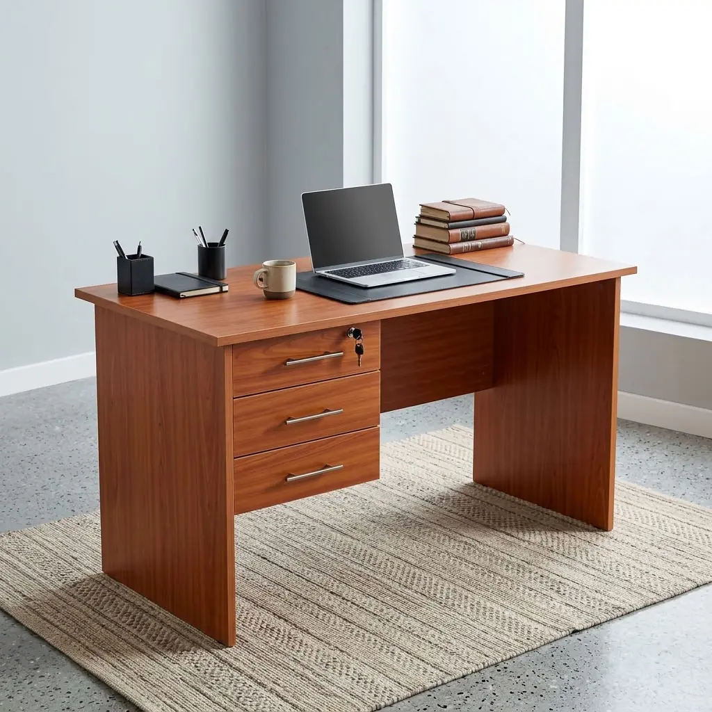 Home Office Study Desk in wood finish with three integrated storage drawers and rectangular worktop.