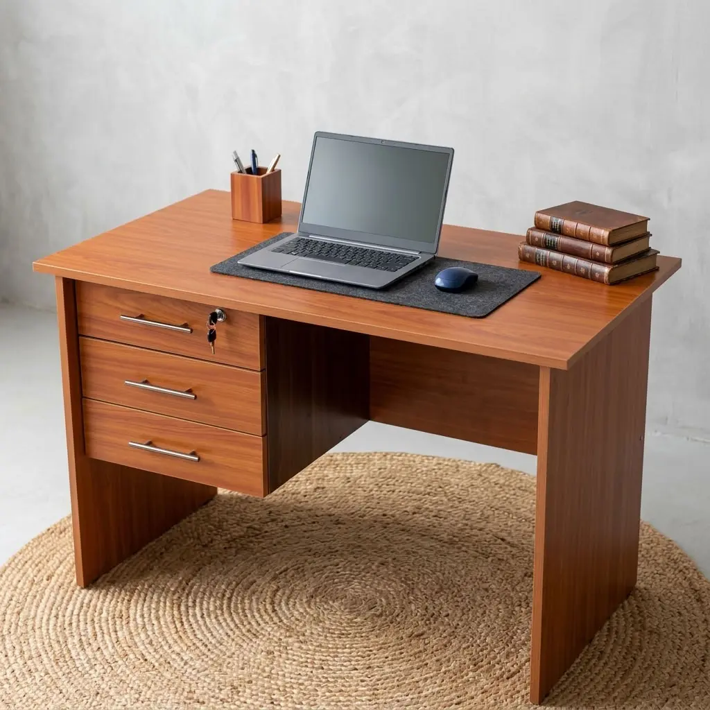 Home Office Study Desk in wood finish with three integrated storage drawers and rectangular worktop.