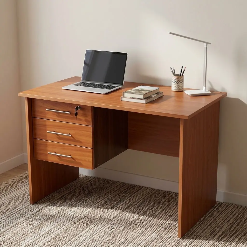 Home Office Study Desk in wood finish with three integrated storage drawers and rectangular worktop.