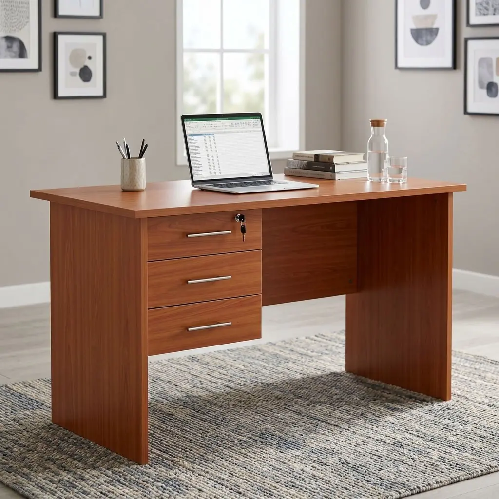 Home Office Study Desk in wood finish with three integrated storage drawers and rectangular worktop.