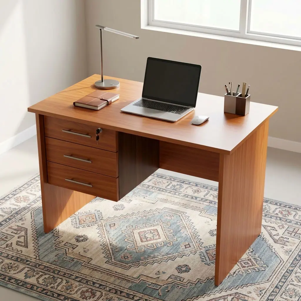Home Office Study Desk in wood finish with three integrated storage drawers and rectangular worktop.
