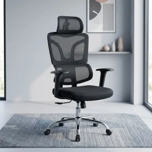 Black ergonomic mesh office chair with headrest, lumbar support, padded seat, armrests and polished five-star swivel base.
