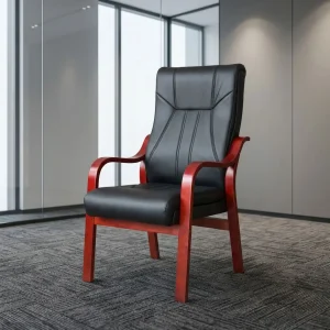 Black leather executive visitor chair with high padded backrest, stitched upholstery, wooden armrests and fixed wooden legs.