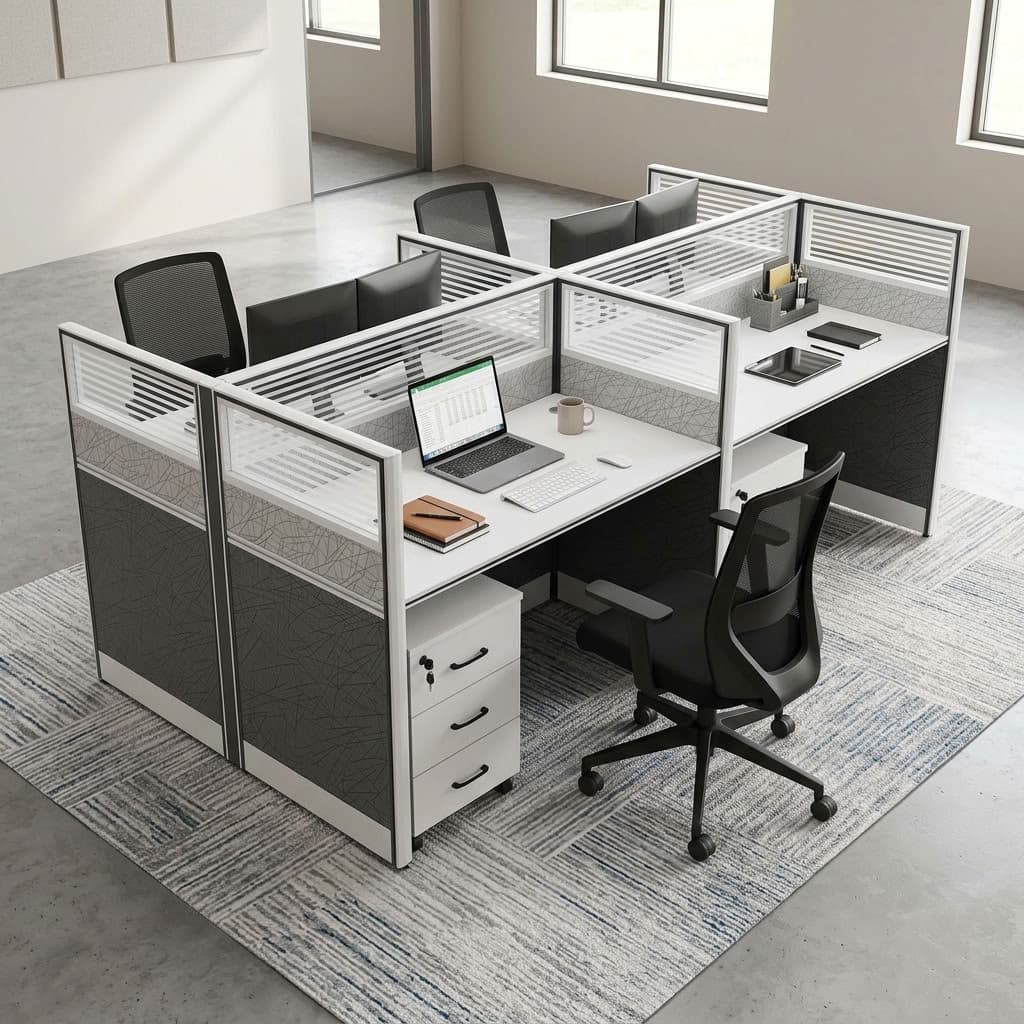 A modern white 4-Way Partitioned Workstation cluster featuring grey geometric panel screens, frosted glass dividers, and four integrated lockable three-drawer filing pedestals.