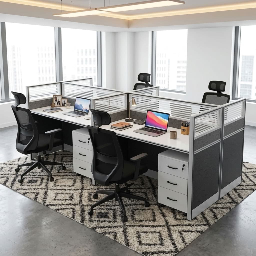 A modern white 4-Way Partitioned Workstation cluster featuring grey geometric panel screens, frosted glass dividers, and four integrated lockable three-drawer filing pedestals.