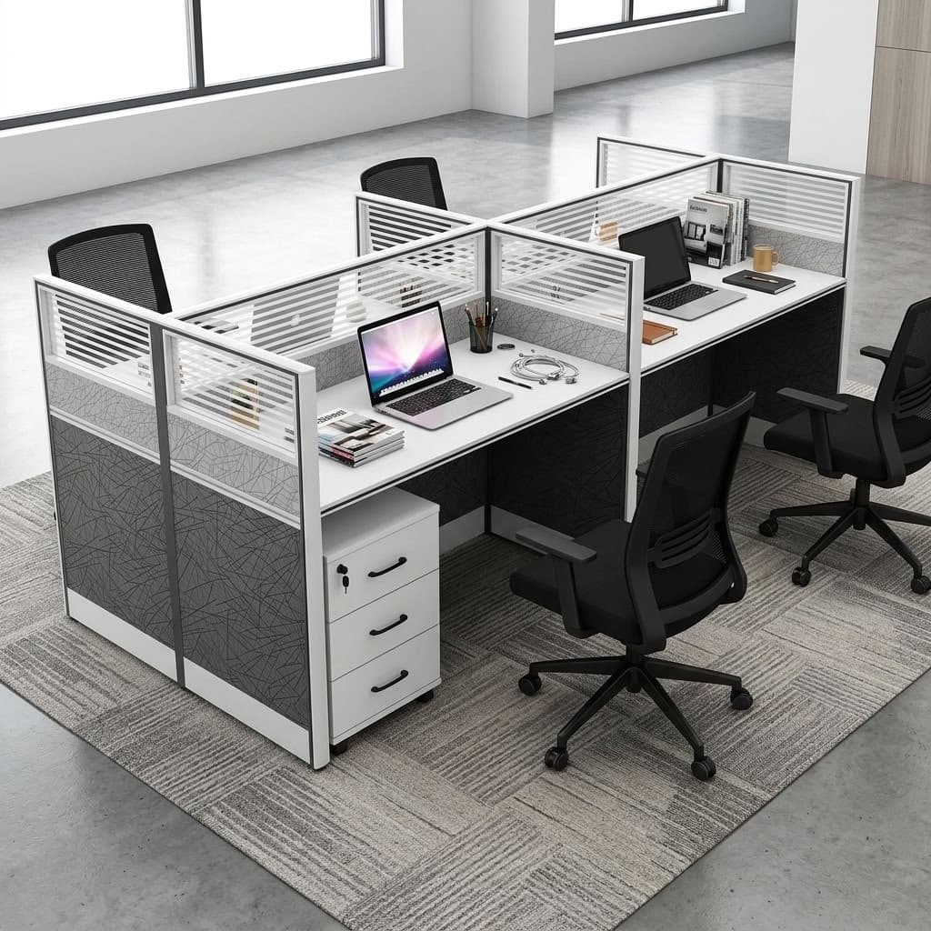 A modern white 4-Way Partitioned Workstation cluster featuring grey geometric panel screens, frosted glass dividers, and four integrated lockable three-drawer filing pedestals.