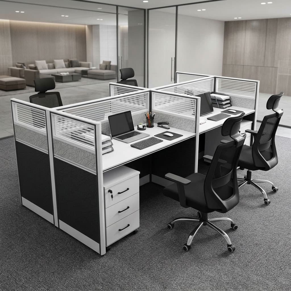 A modern white 4-Way Partitioned Workstation cluster featuring grey geometric panel screens, frosted glass dividers, and four integrated lockable three-drawer filing pedestals.