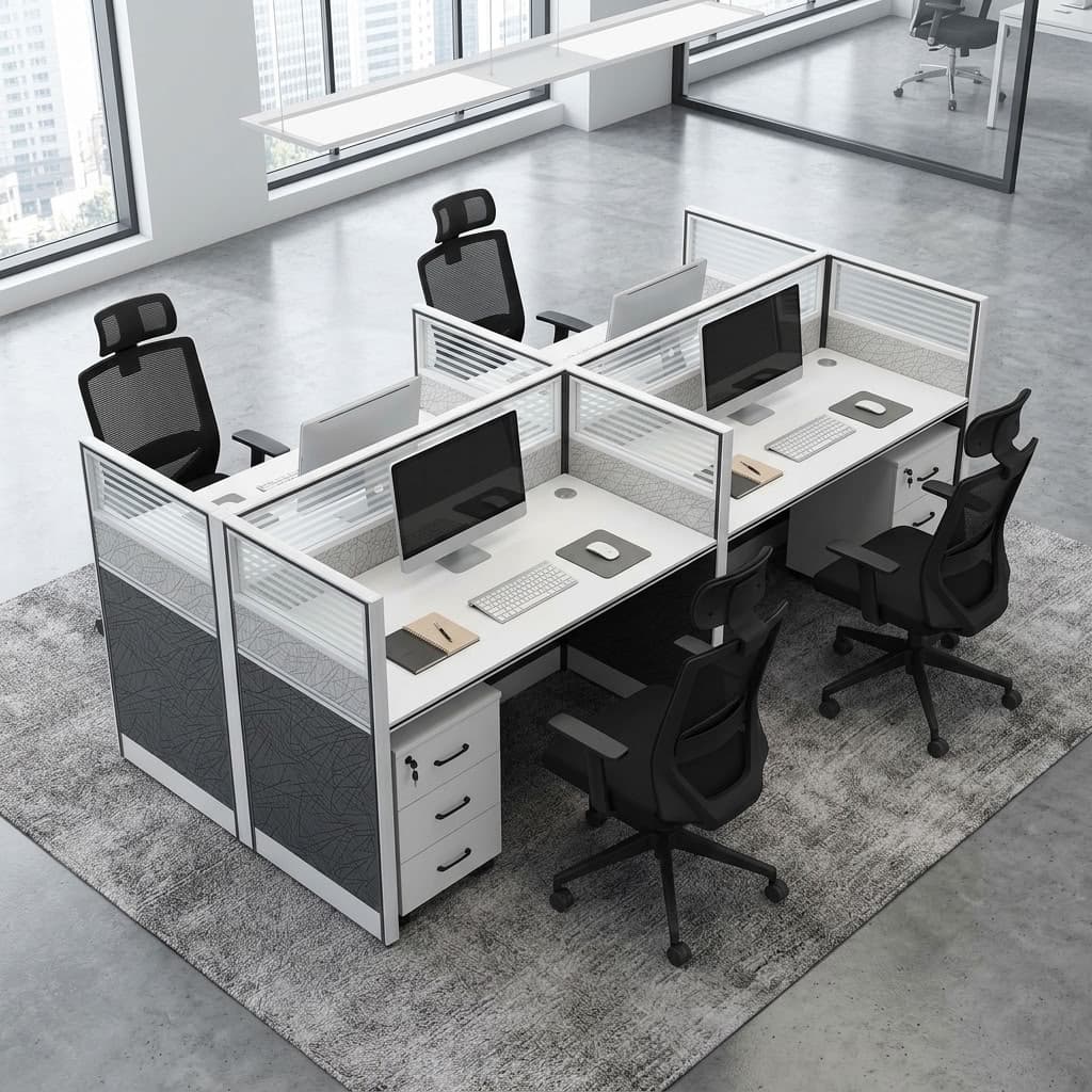 A modern white 4-Way Partitioned Workstation cluster featuring grey geometric panel screens, frosted glass dividers, and four integrated lockable three-drawer filing pedestals.