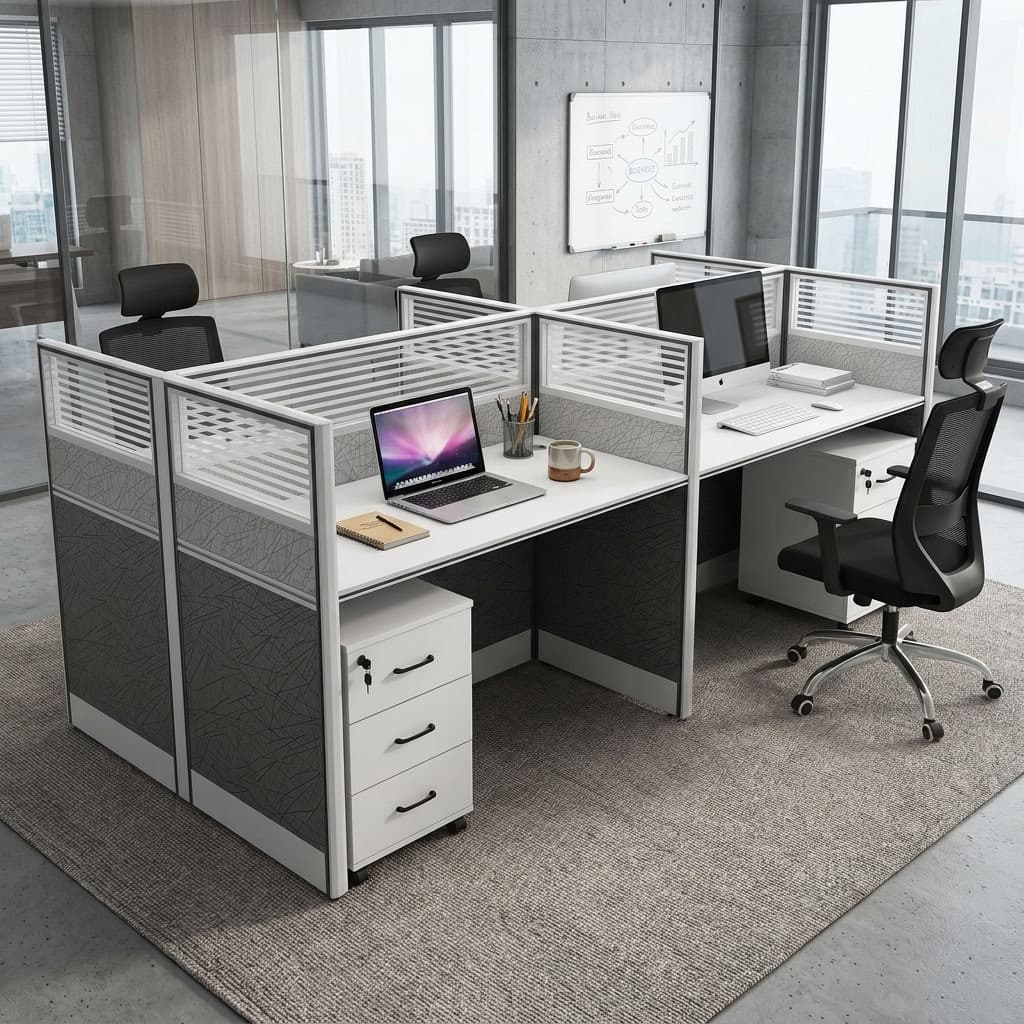 A modern white 4-Way Partitioned Workstation cluster featuring grey geometric panel screens, frosted glass dividers, and four integrated lockable three-drawer filing pedestals.