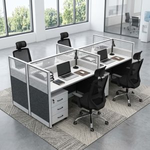 A modern white 4-Way Partitioned Workstation cluster featuring grey geometric panel screens, frosted glass dividers, and four integrated lockable three-drawer filing pedestals.
