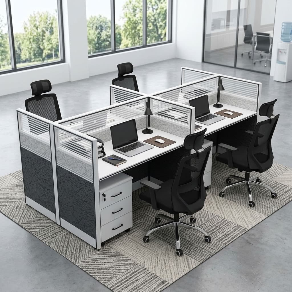 A modern white 4-Way Partitioned Workstation cluster featuring grey geometric panel screens, frosted glass dividers, and four integrated lockable three-drawer filing pedestals.