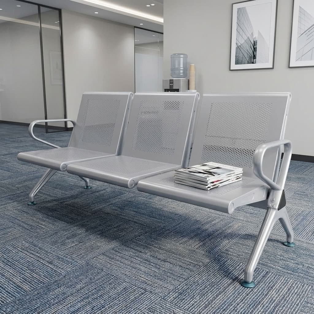 A premium metallic silver 3-Link Heavy Duty Waiting Bench featuring a three-seat perforated steel design, side armrests, and arched support legs.